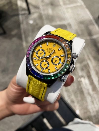 Rolex Daytona Yellow Face Rainbow Bezel 43mm Quartz Movement Watch